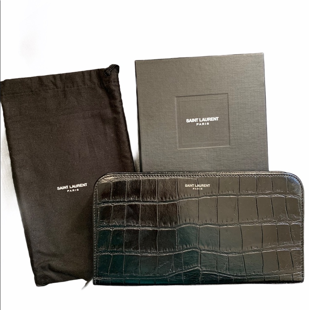 YSL Black Crocodile Embossed Zip Around Wallet